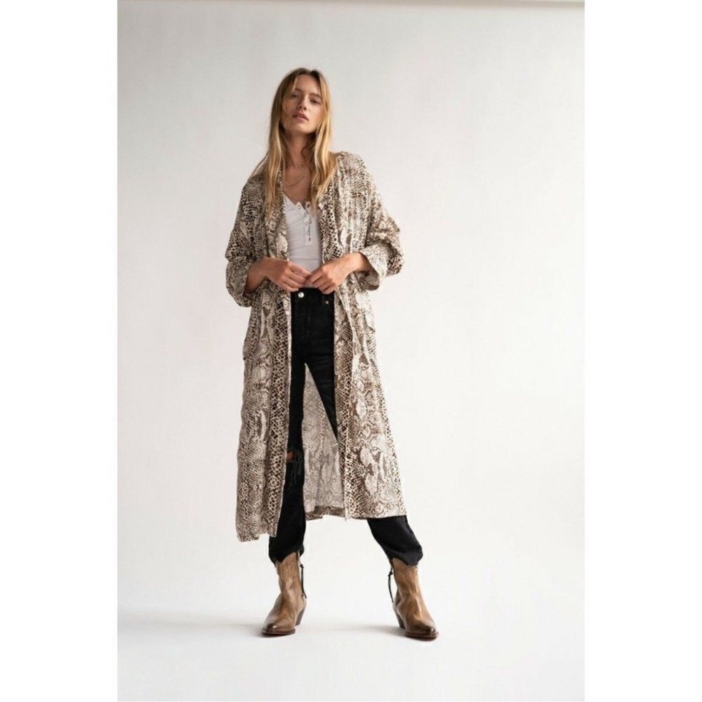 NWOT FREE PEOPLE WILD NIGHTS DUSTER MAXI KIMONO PRINTED JACKET SNAKE.